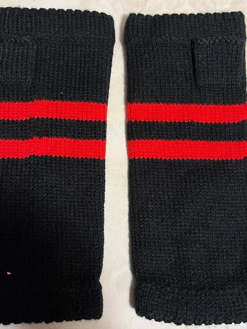 Black & Red Striped Fingerless Knit Gloves - Accessories
